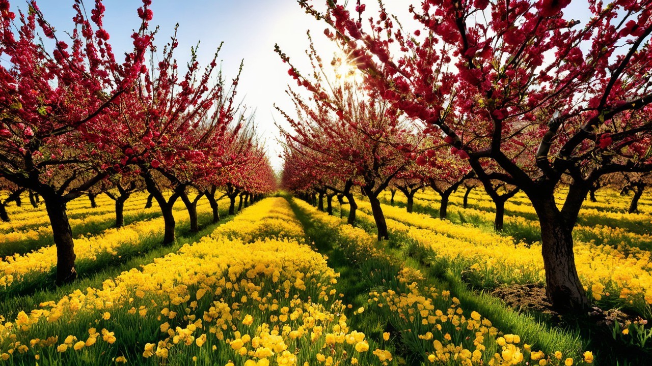 Vibrant Spring Landscape with Cherry Trees and Daffodils
