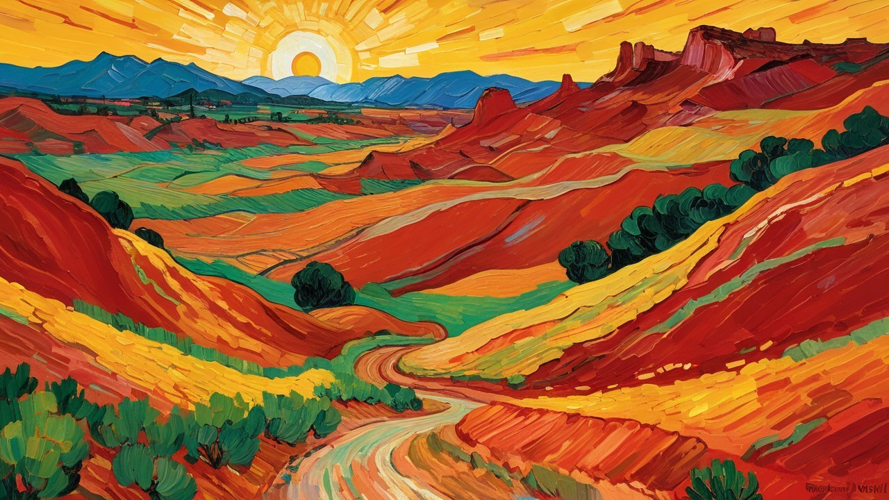 Vibrant Sunrise Landscape with Rolling Hills and Valleys