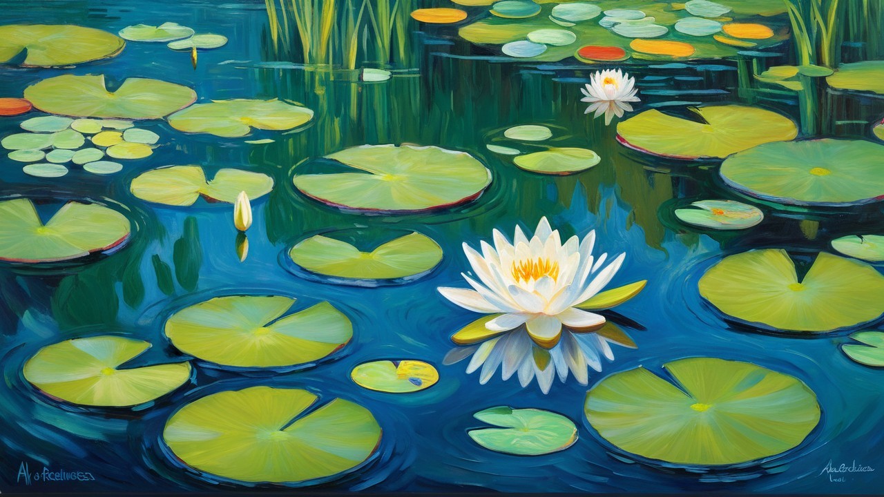 Serene Water Scene with Lily Pads and Water Lily