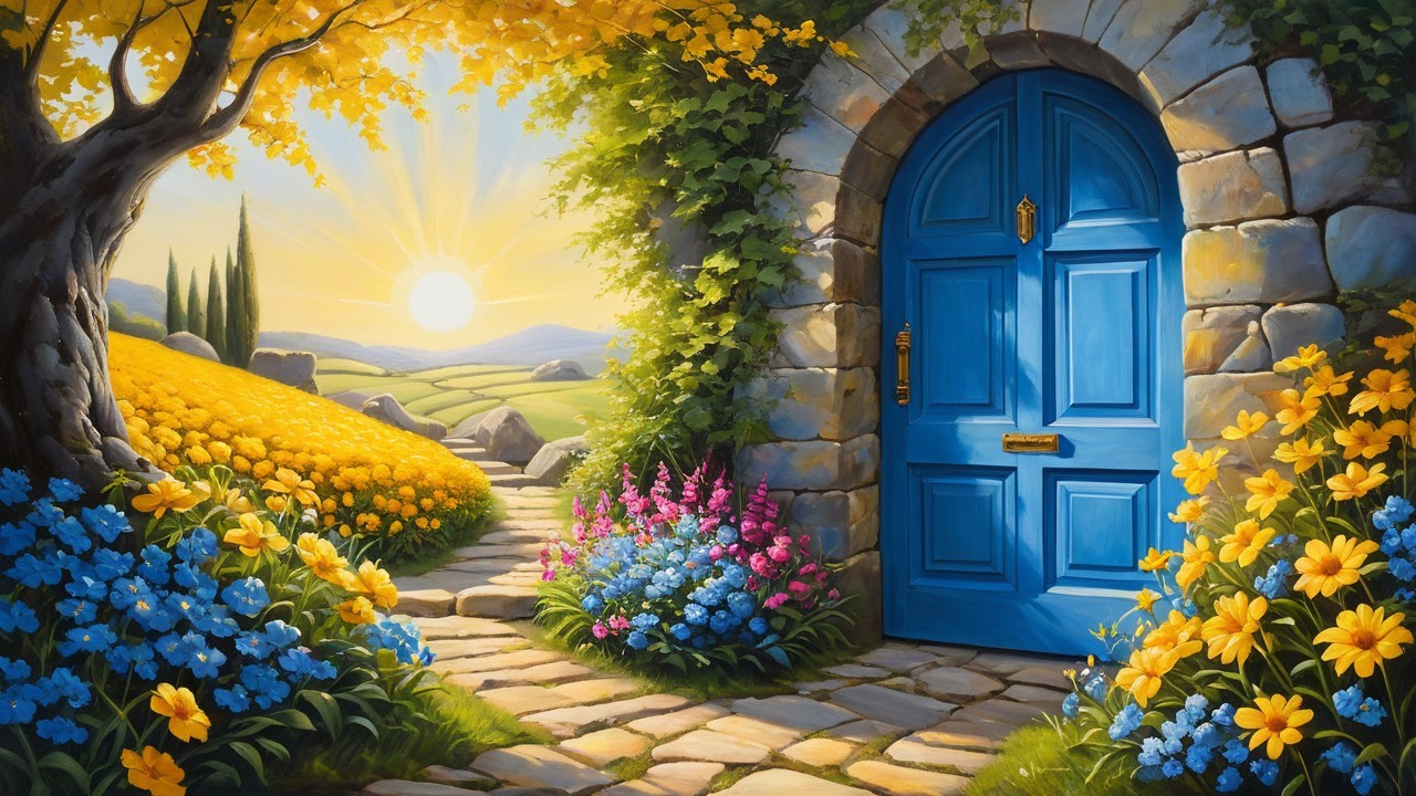 Vibrant Blue Door in Springtime Landscape Scene