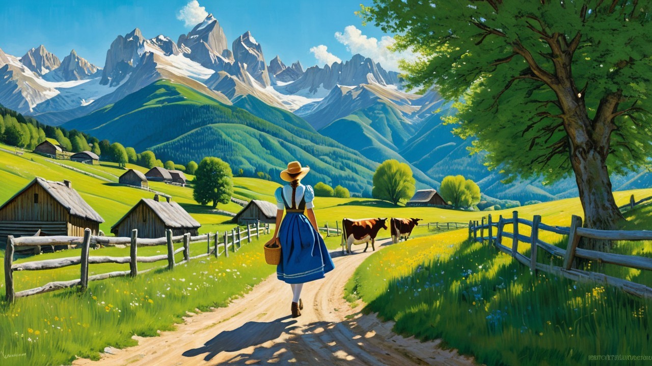 Woman in traditional attire on a scenic country path