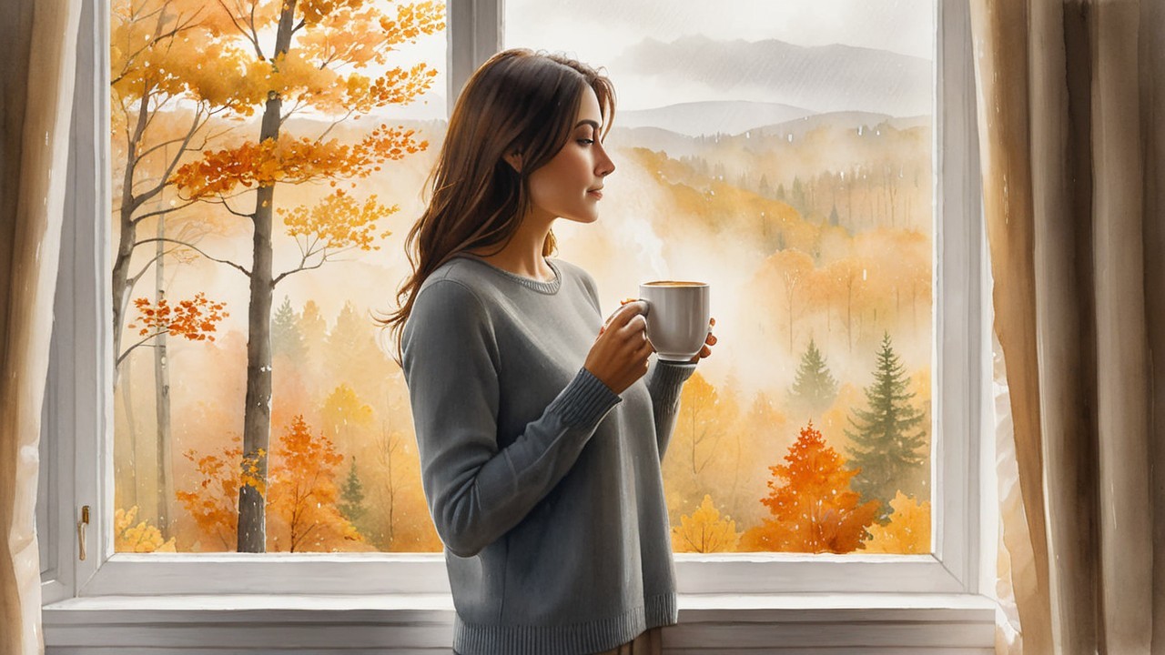 Serene Autumn Scene with Woman and Warm Cup