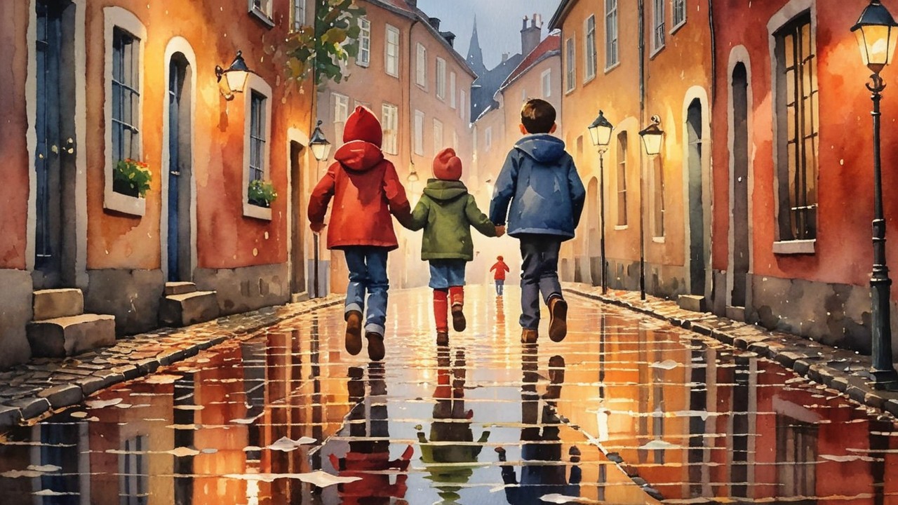 Children Playing on Rainy Street with Lanterns