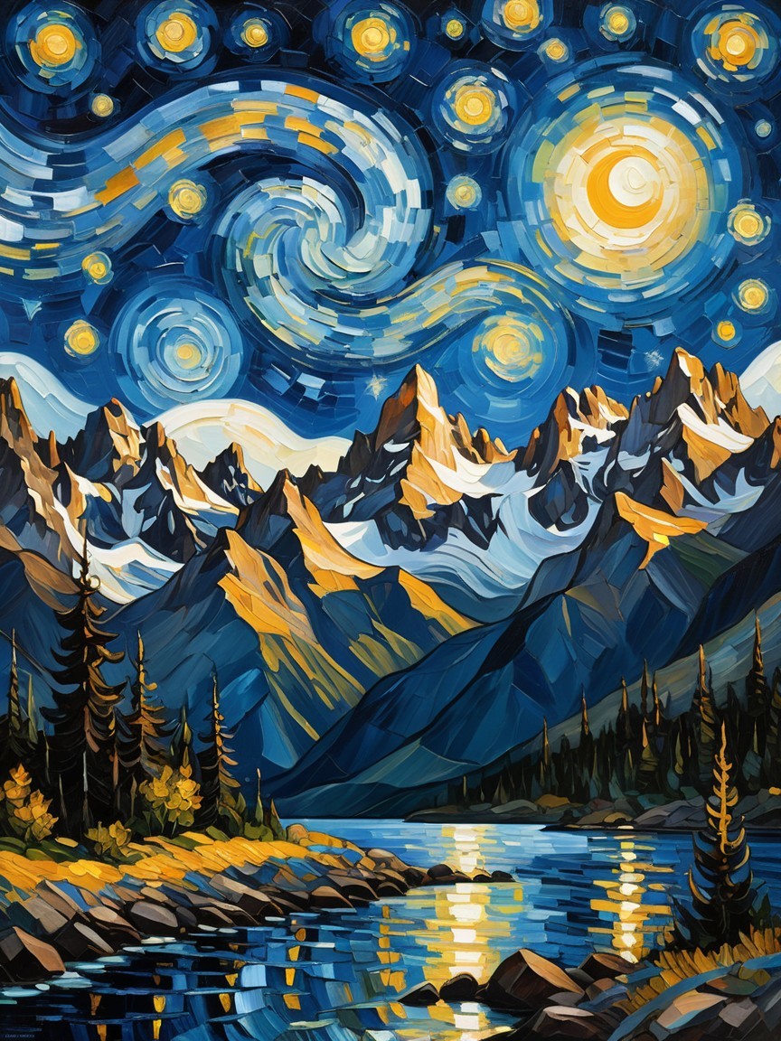 Vibrant Night Sky with Moon and Reflective Mountains