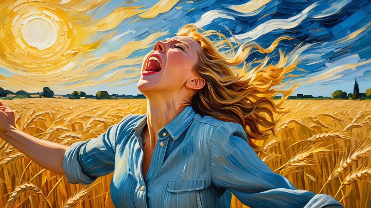 Woman in Wheat Field Under Vibrant Sky