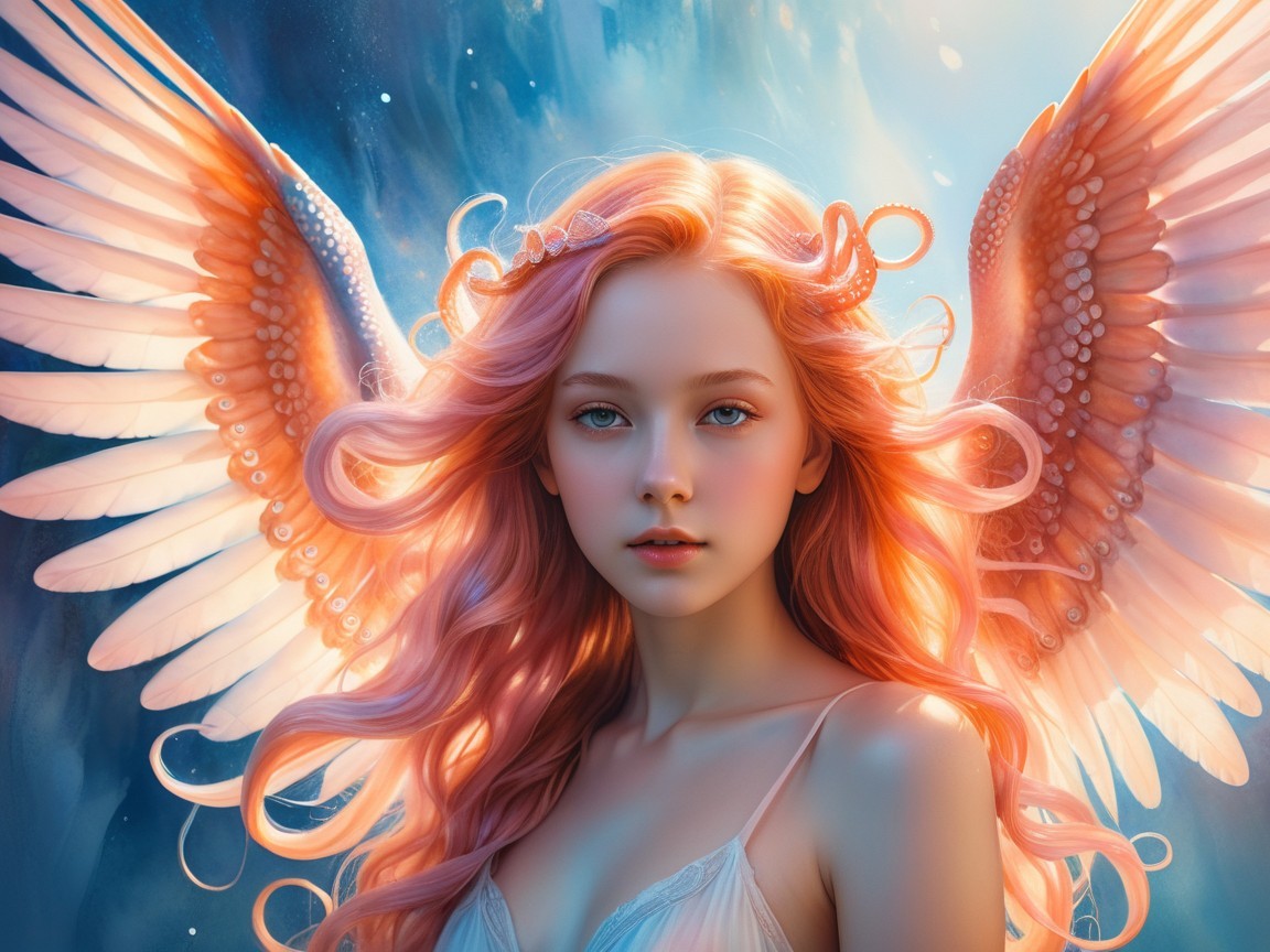 Ethereal Figure with Pastel Pink Hair and Wings