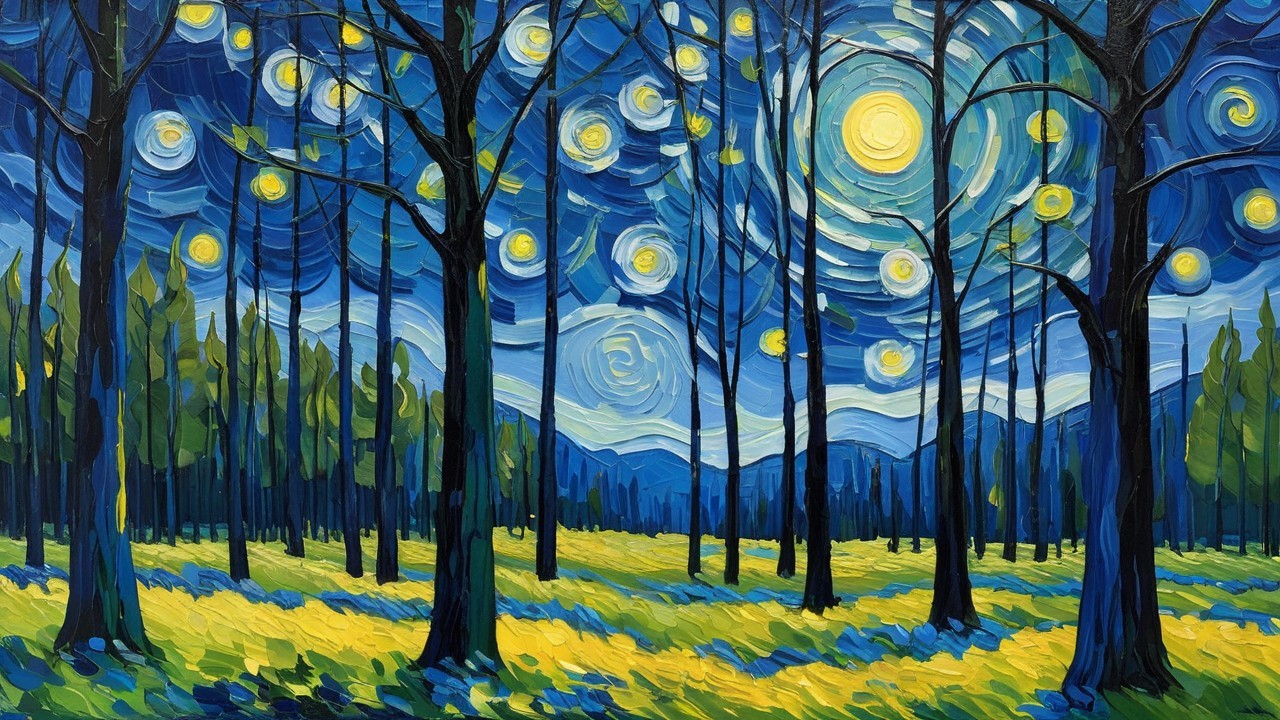 Stylized oil painting of a forest meadow at dusk