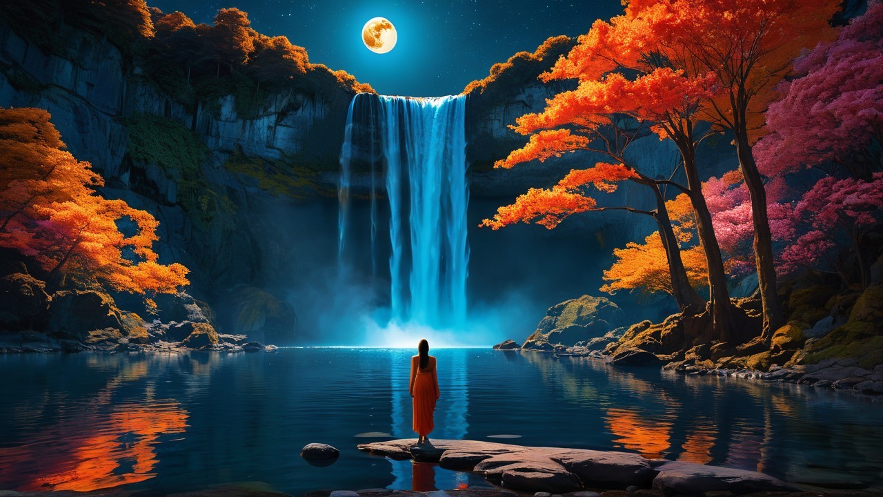 Waterfall Surrounded by Autumn Foliage and Moonlight