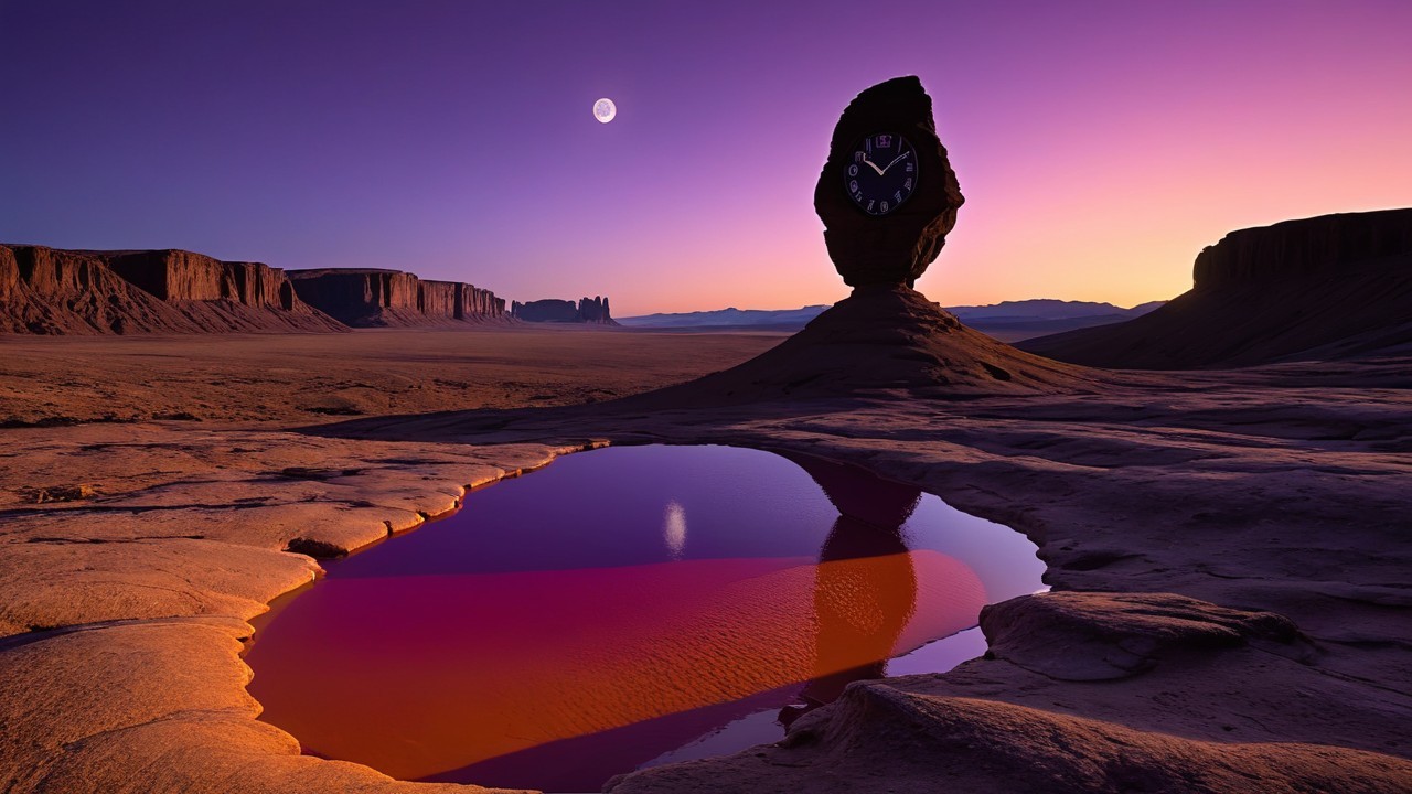 Surreal Landscape with Giant Clock and Reflective Pool