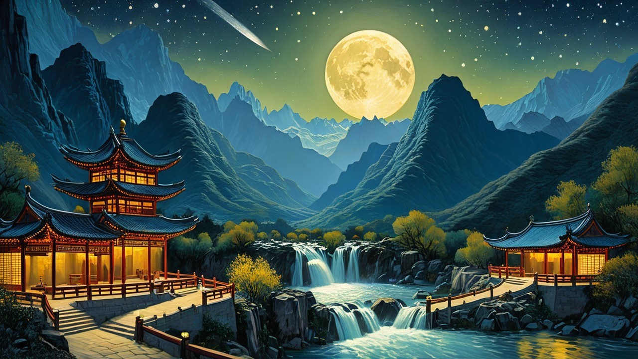 Digital Painting of Chinese Temples in Mountain Landscape