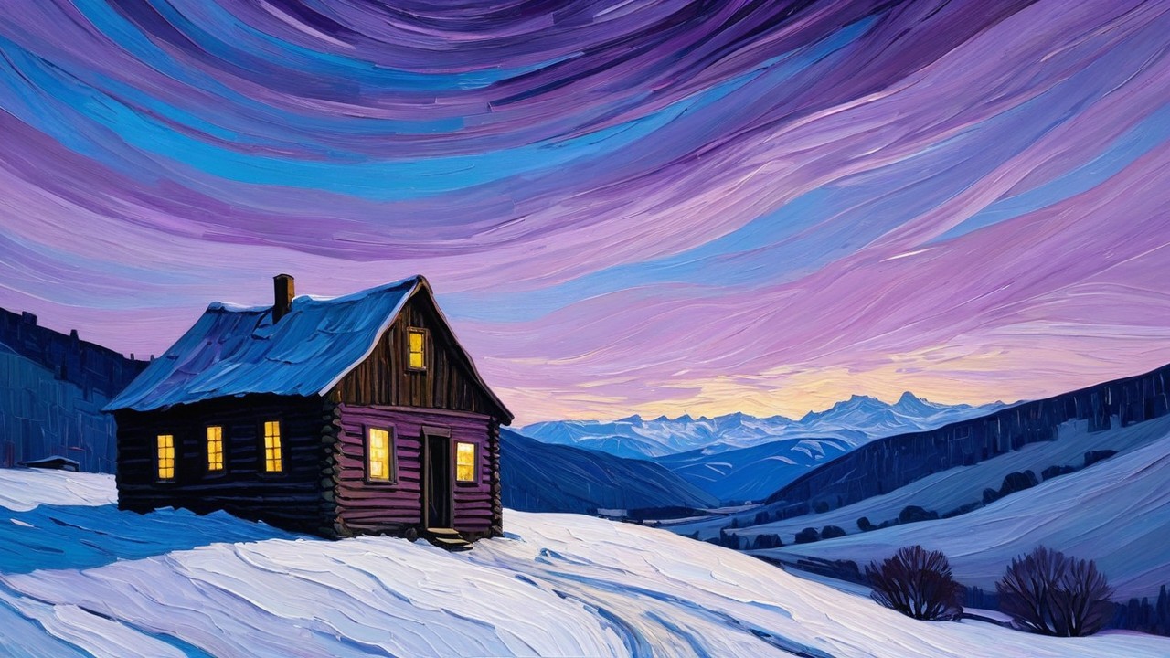 Log Cabin in Serene Snowy Landscape at Sunset