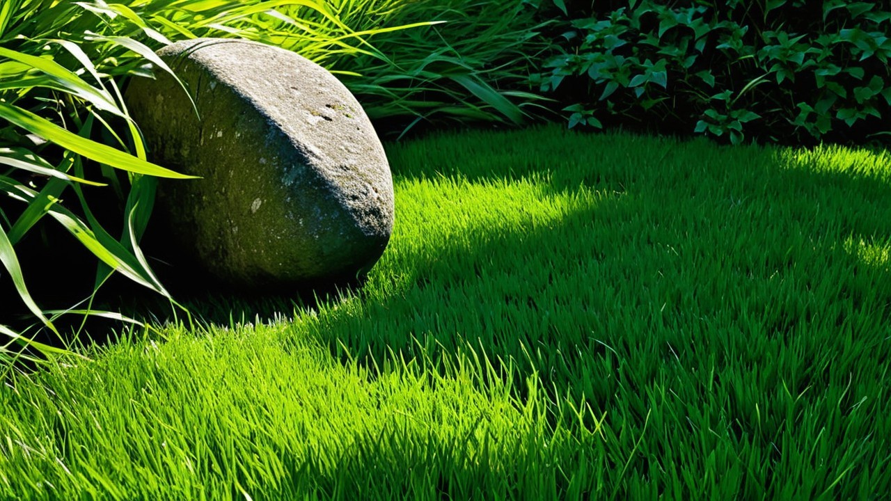 Serene Scene of Stone Among Vibrant Green Grass