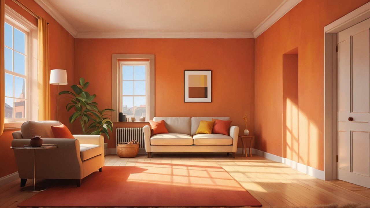 Cozy Living Room with Warm Orange Walls and Natural Light