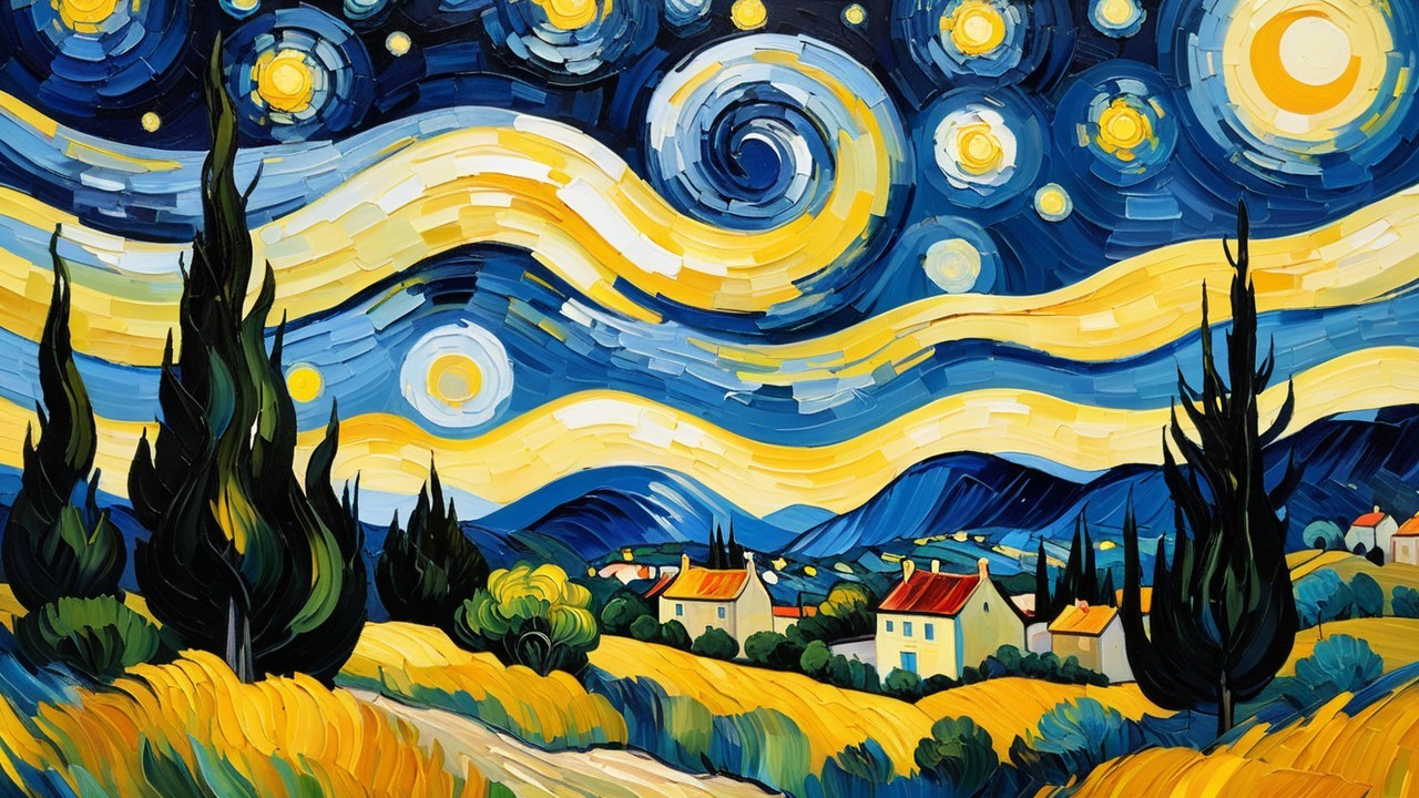 Starry Night with Swirling Stars and Cypress Trees