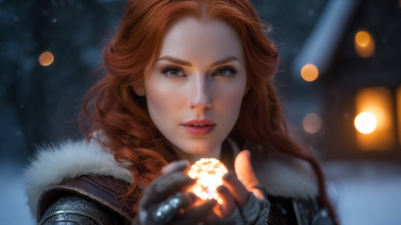 Young woman in armor with glowing orb in snowy landscape