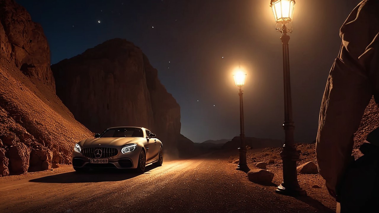 Silver Sports Car on Winding Road Under Starry Sky