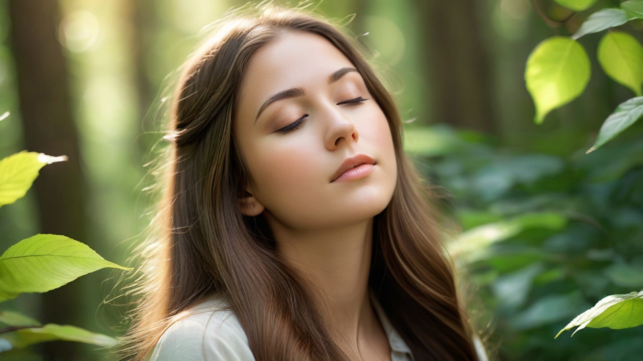 Young Woman in Serene Forest with Sunlight and Leaves