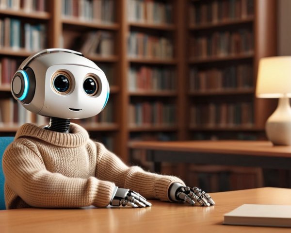 Humanoid Robot in Cozy Library Setting with Bookshelves