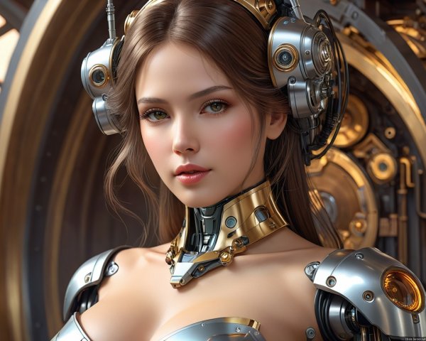Futuristic female figure in steampunk environment