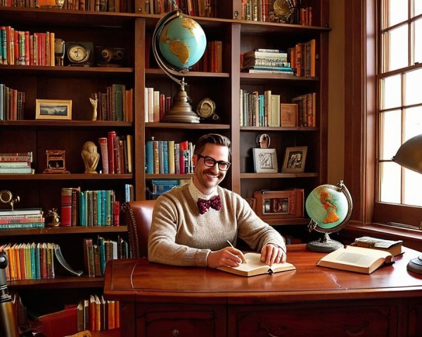 Man at Antique Desk with Bookshelf and Vintage Robot