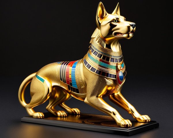Golden Dog Statue with Hieroglyphics and Inlays