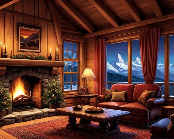 Cozy Log Cabin Interior with Winter Landscape View