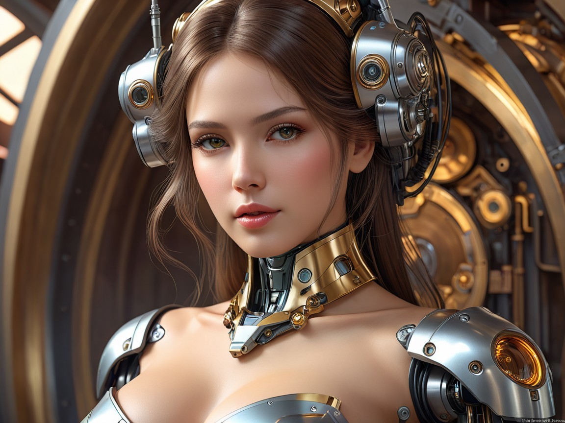 Futuristic female figure in steampunk environment