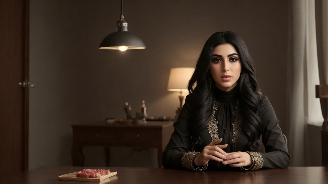 Young woman in dark outfit at a wooden table