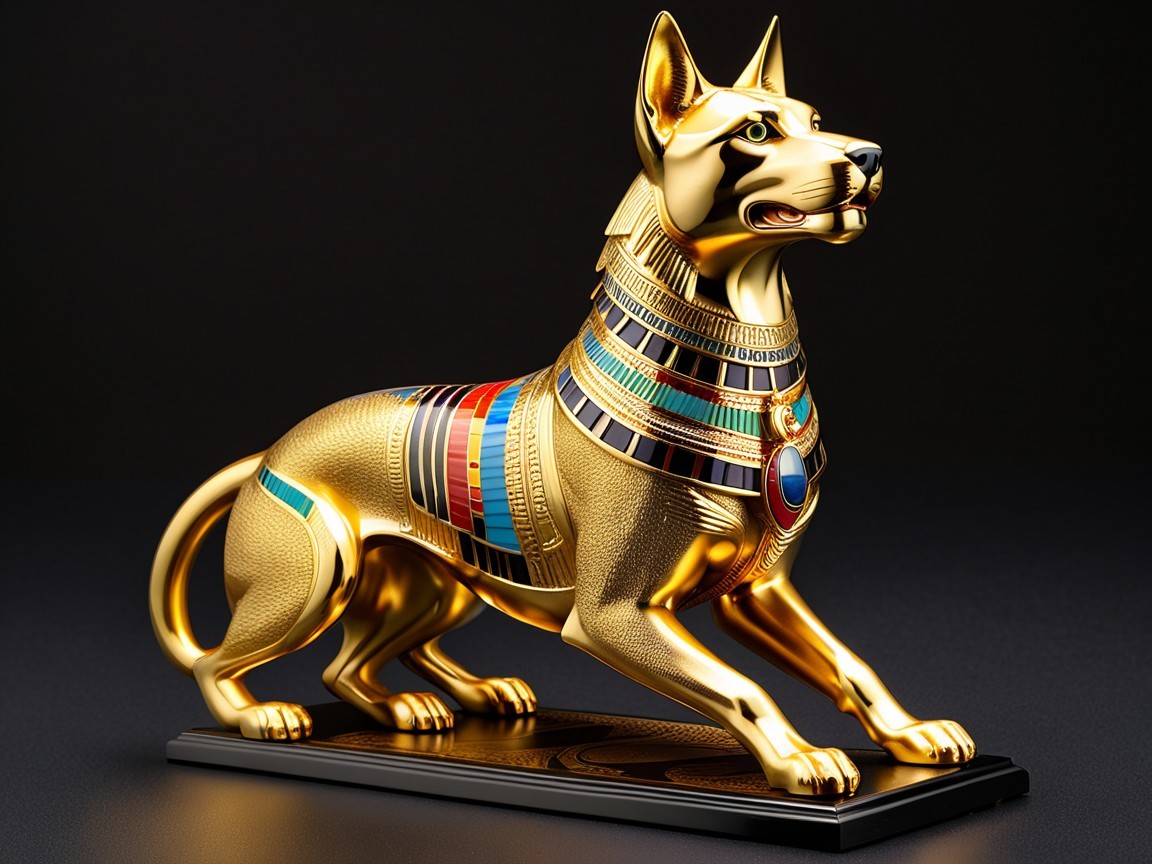 Golden Dog Statue with Hieroglyphics and Inlays
