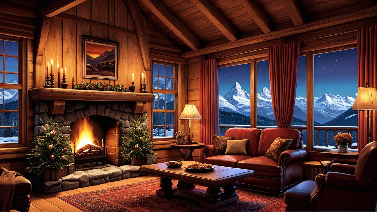 Cozy Log Cabin Interior with Winter Landscape View