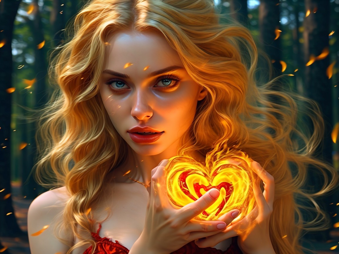 Woman in Forest Holding Glowing Heart with Sparks