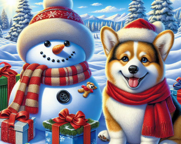 Corgi and Snowman in a Festive Winter Scene