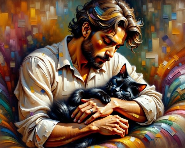 Man Holding Black Cat in Colorful Serene Setting