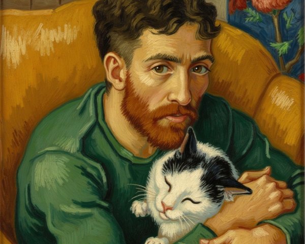 Cozy Scene of Man with Cat in Floral Background