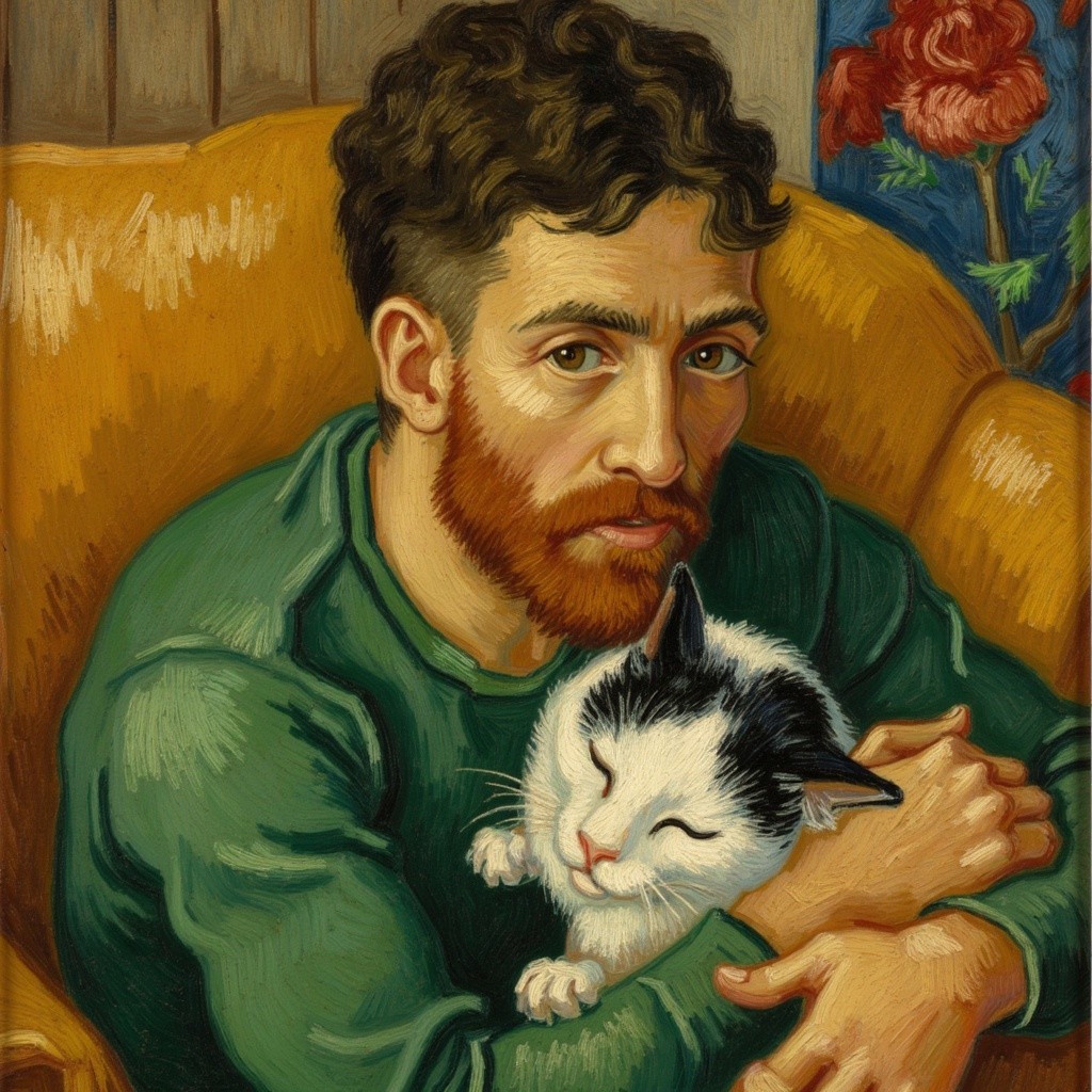 Cozy Scene of Man with Cat in Floral Background