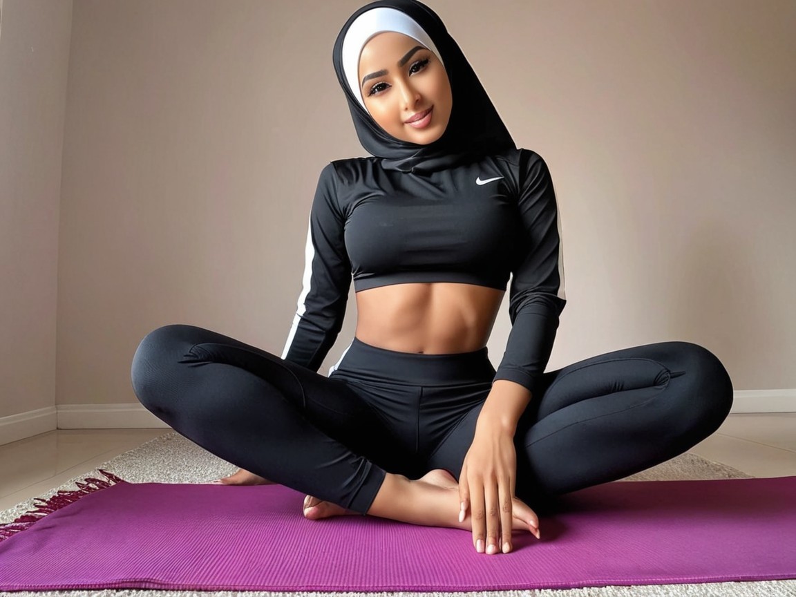 Young woman in athletic outfit on purple yoga mat