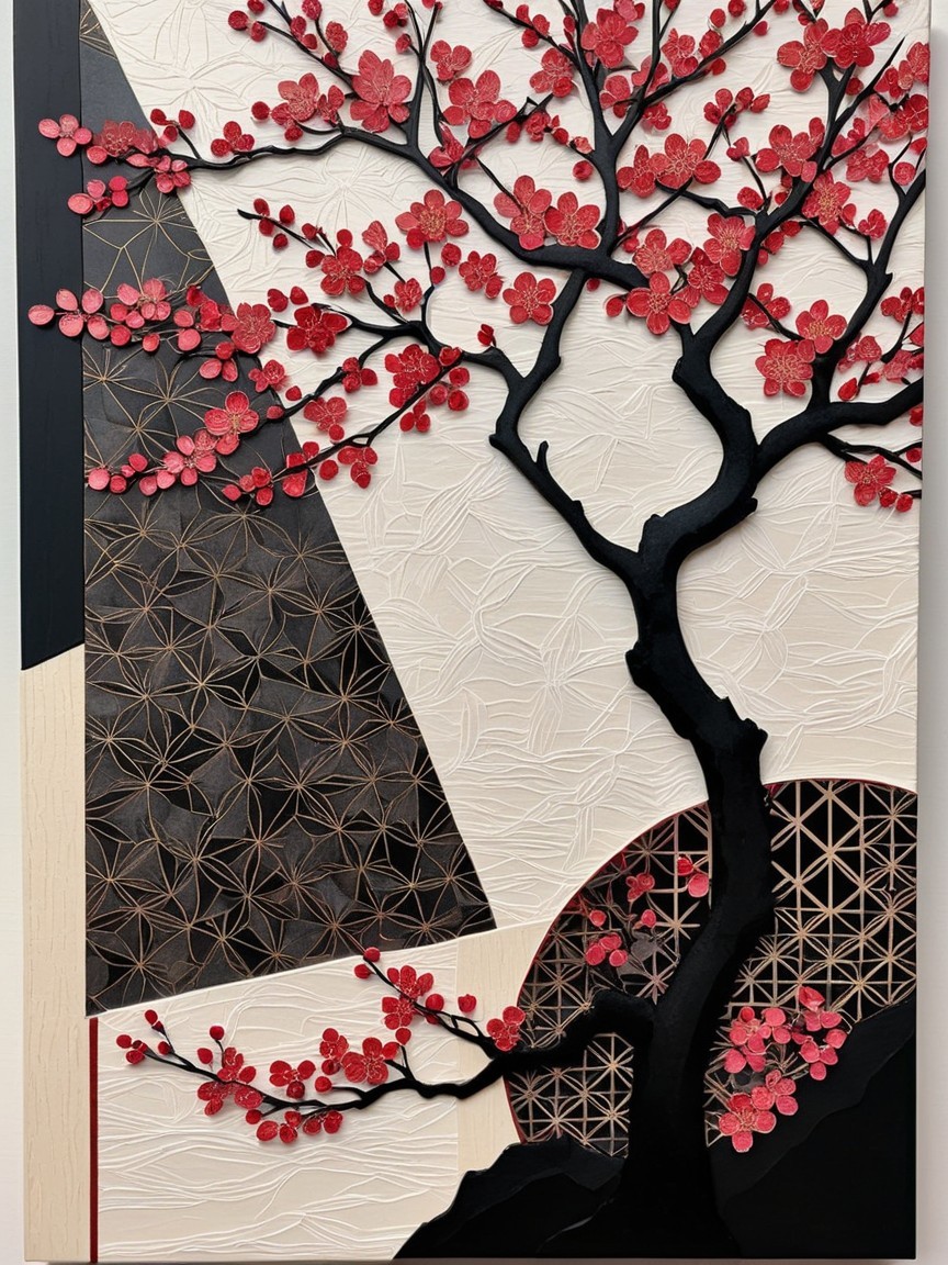 Stylized Cherry Blossom Tree with Bold Red Flowers