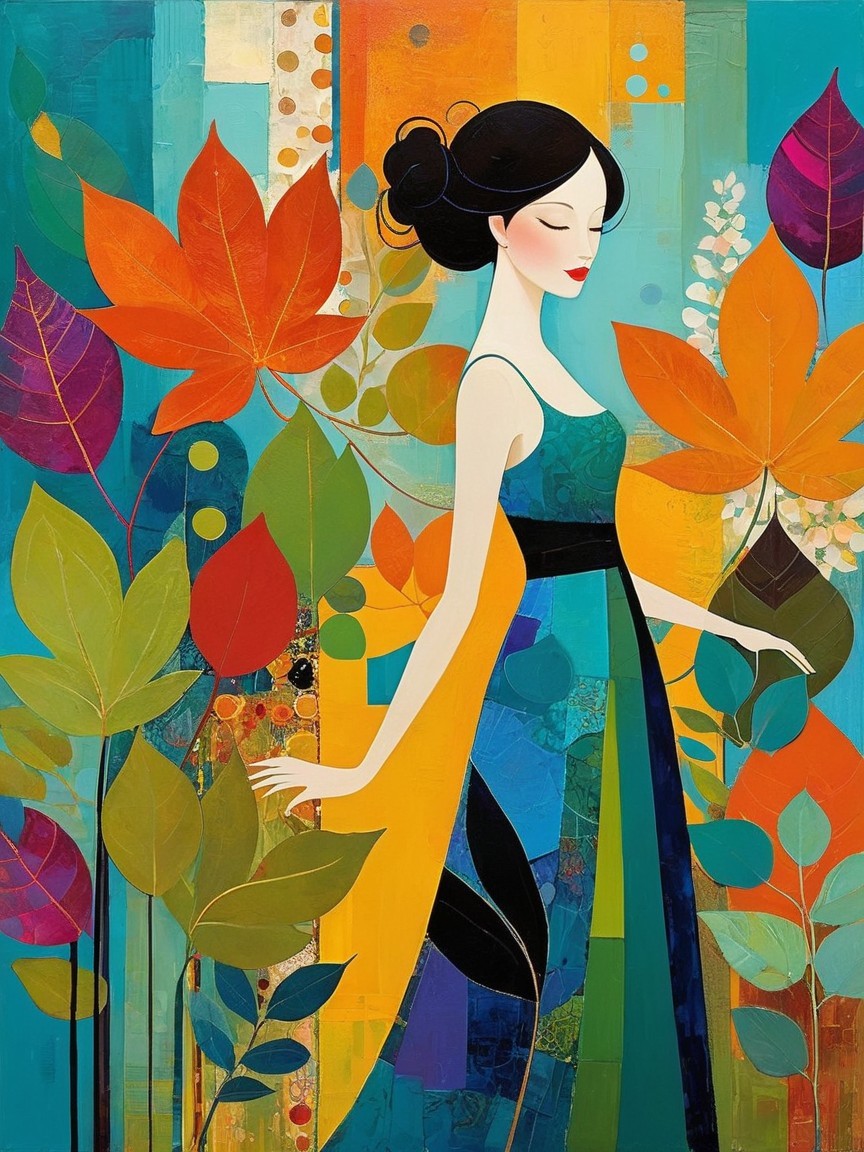 Vibrant Painting of Woman in Colorful Autumn Scene