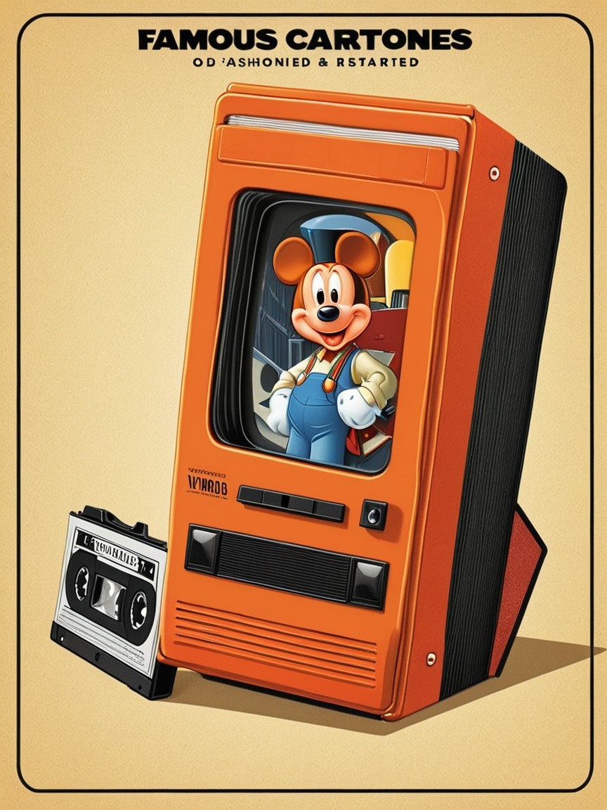 Vintage Orange Television with Classic Cartoon Character