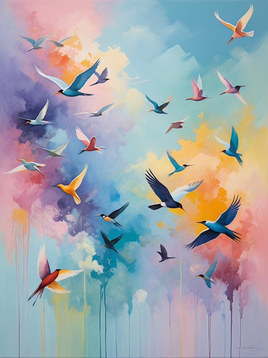 Abstract Painting of Colorful Birds in Dreamy Sky