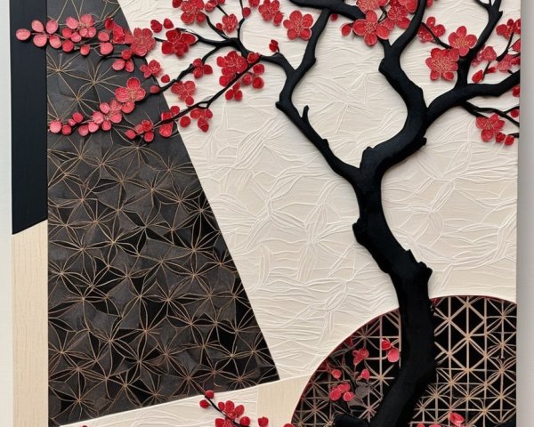 Stylized Cherry Blossom Tree with Bold Red Flowers