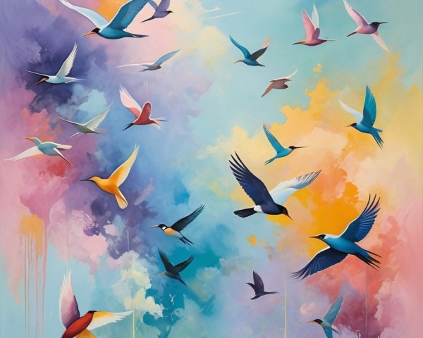 Abstract Painting of Colorful Birds in Dreamy Sky