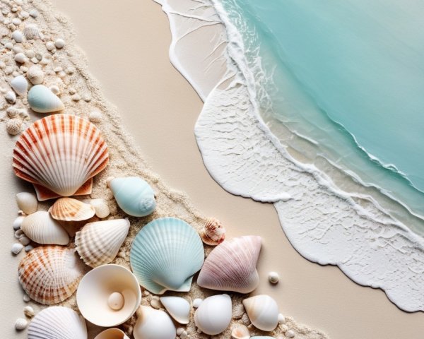 Serene Beach Scene with Colorful Seashells and Seafoam