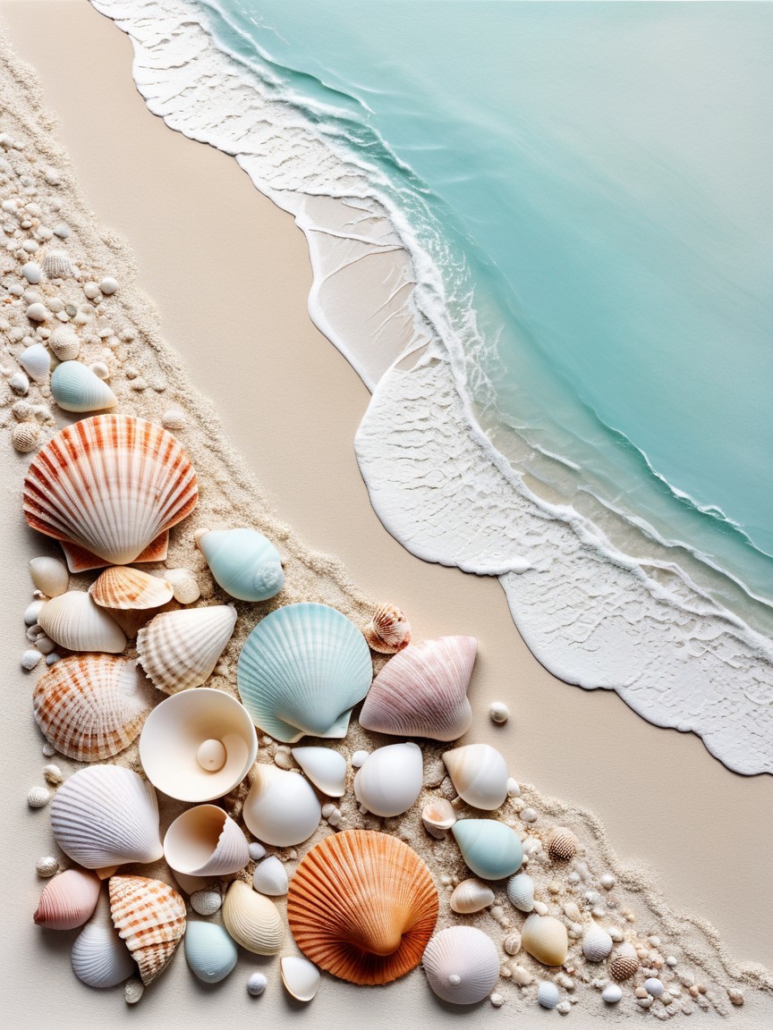 Serene Beach Scene with Colorful Seashells and Seafoam