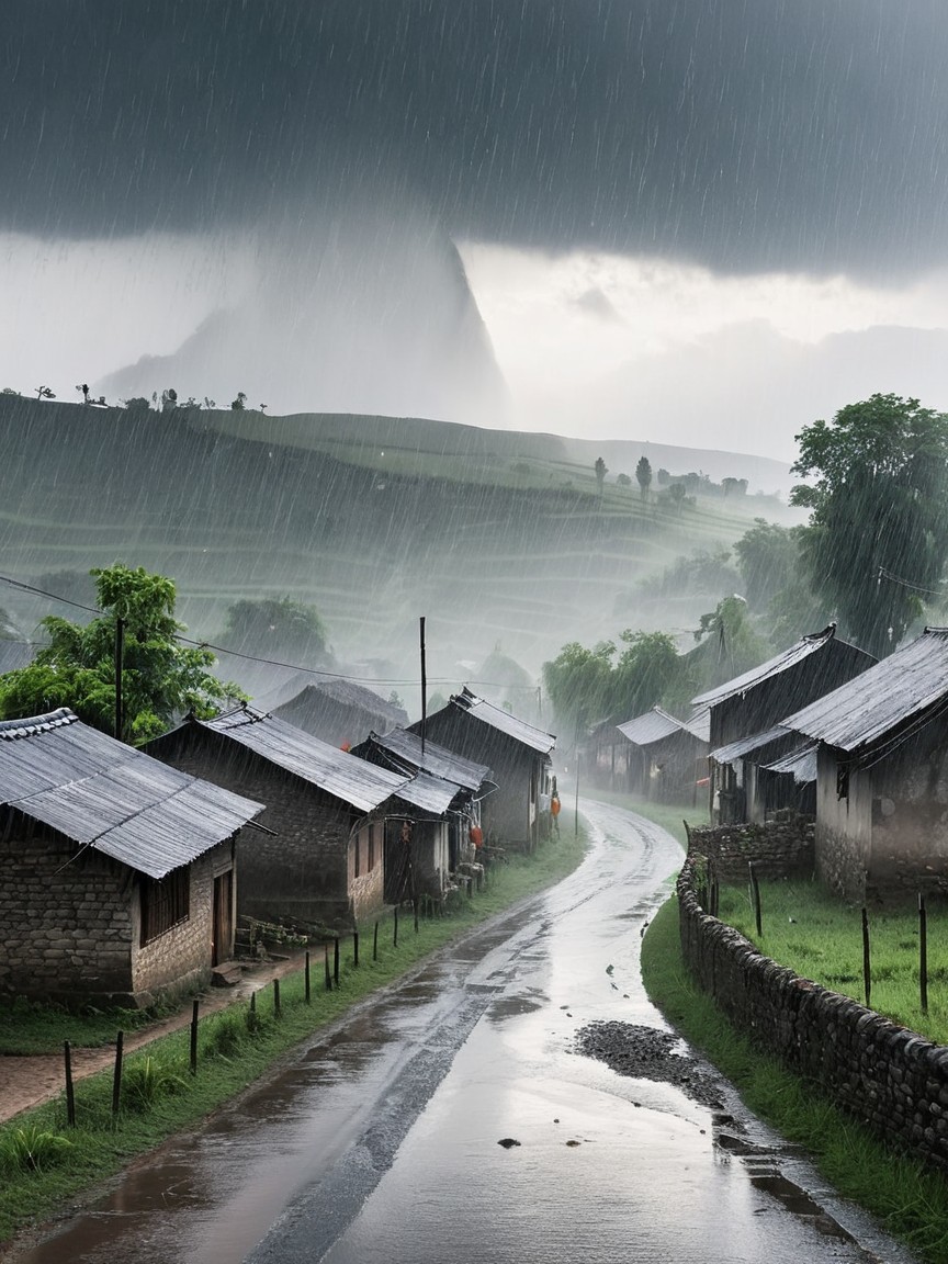 Serene Village Scene with Winding Road and Rain Clouds