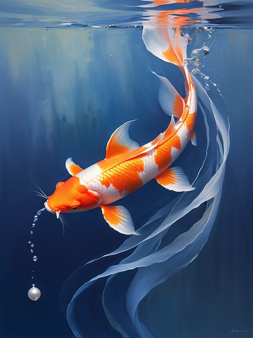 Majestic koi fish in serene blue waters with bubbles