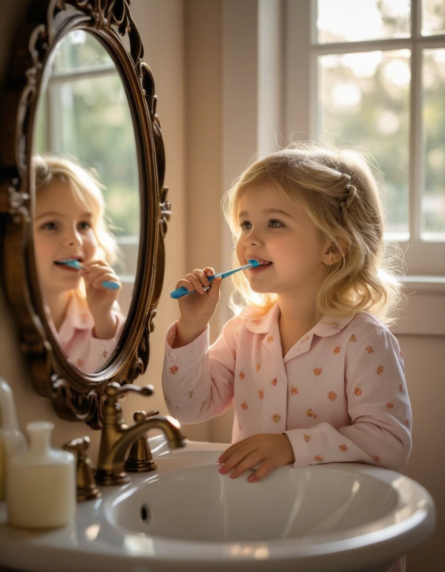 Young girl brushing teeth in sunny bathroom setting