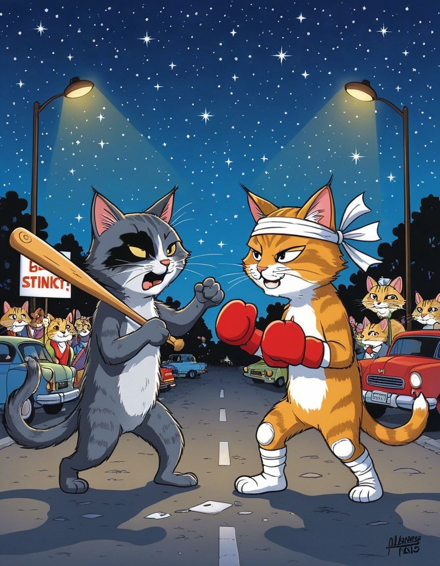 Cartoon Cats Compete in Alley Under Starry Sky