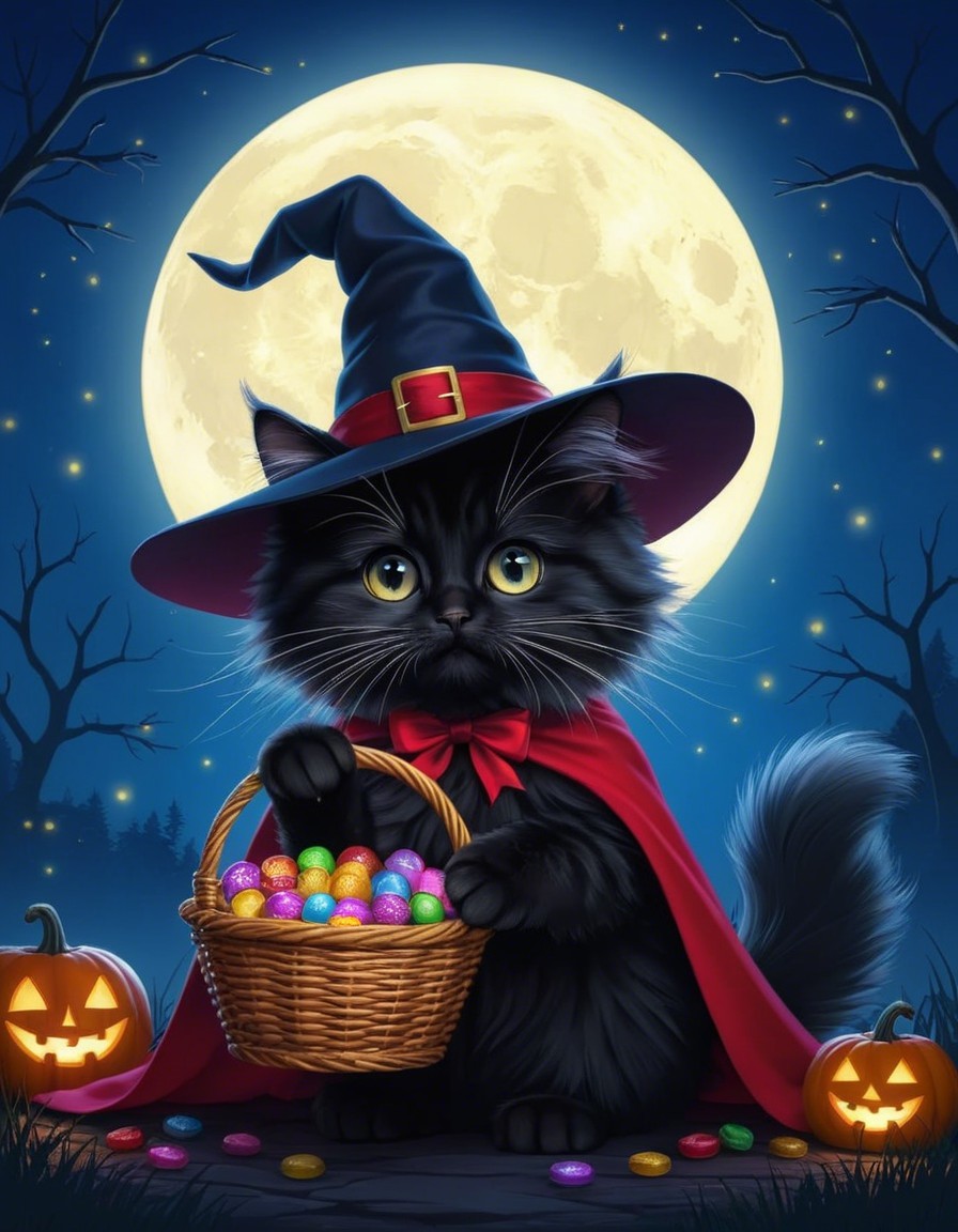 Black Cat in Witch Hat with Halloween Treats and Pumpkins