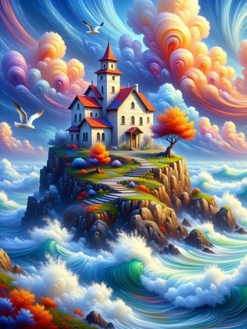 Whimsical Castle on Rocky Island with Vibrant Ocean